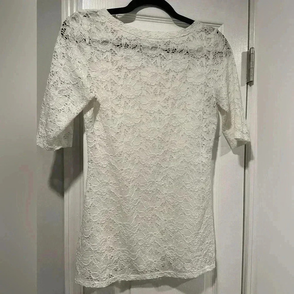 Maurice’s White Lace Stretch Short Sleeve Tree Sheer Pullover Scoop Neck Size S - Picture 8 of 9